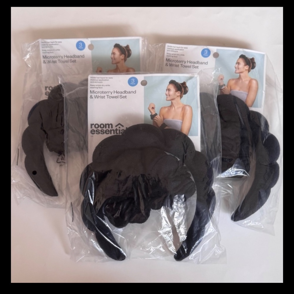 Lot Of 3 Room Essentials 3pc Microterry Headband & Wrist Towel Set Black New